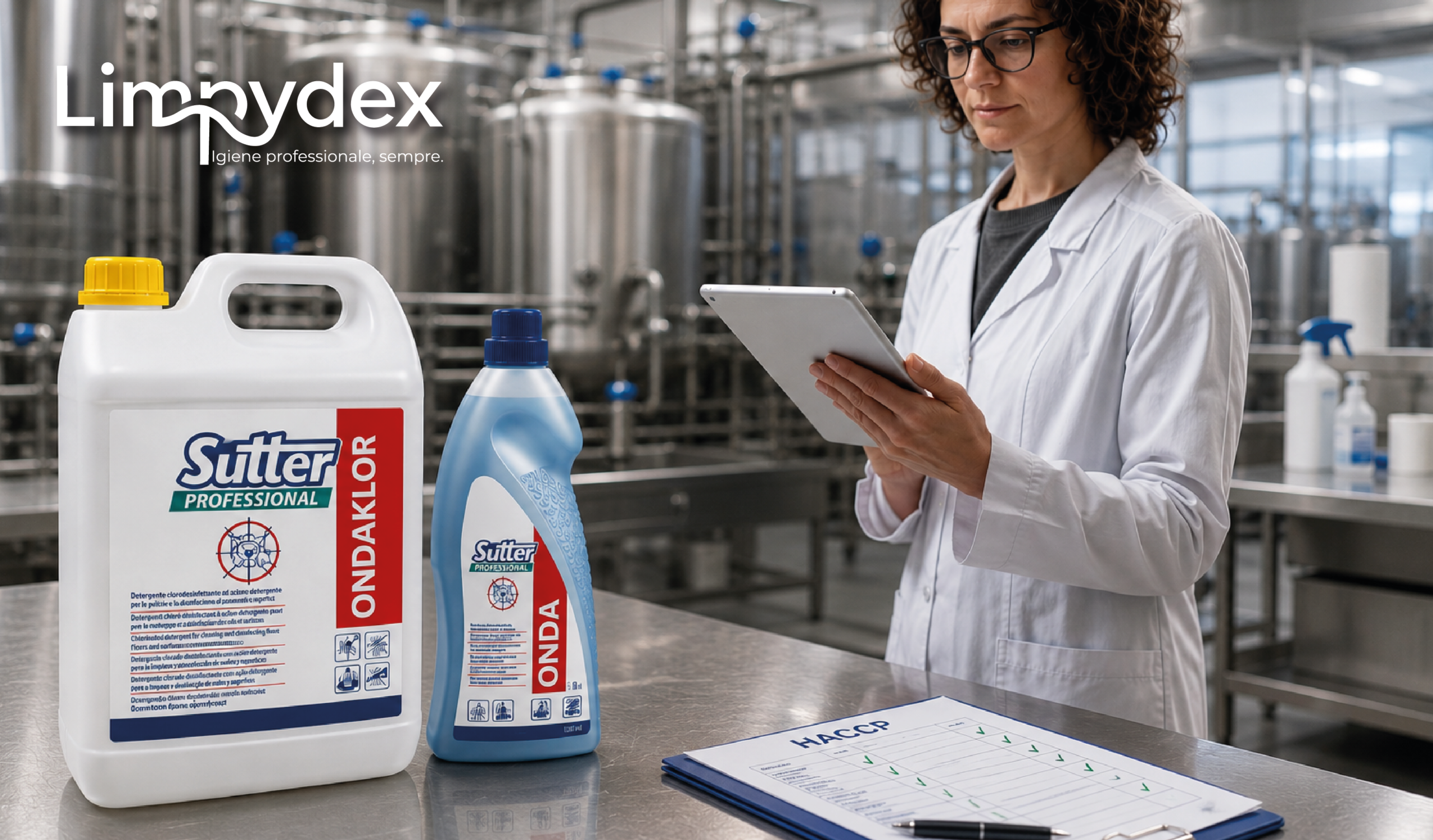 Confezioni di detersivo Ondaklor e disinfettante Onda Sutter Professional per sanificazione HACCP in ambito industriale e ristorazione